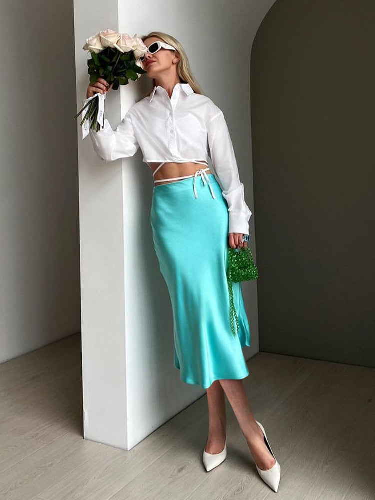sixsr Solid Purple Satin Silk Skirt Women High Waisted Summer Long Skirt New Elegant Ladies Office Skirts Midi Spring