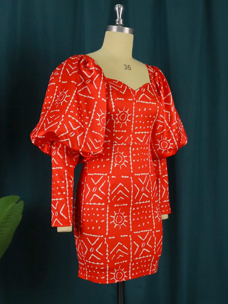 sixsr Fashion Trends Women Dress Sexy Party Printed Long Lantern Sleeves Vintage Retro Large Size Mini African Female Event Celebrate Gown Robes