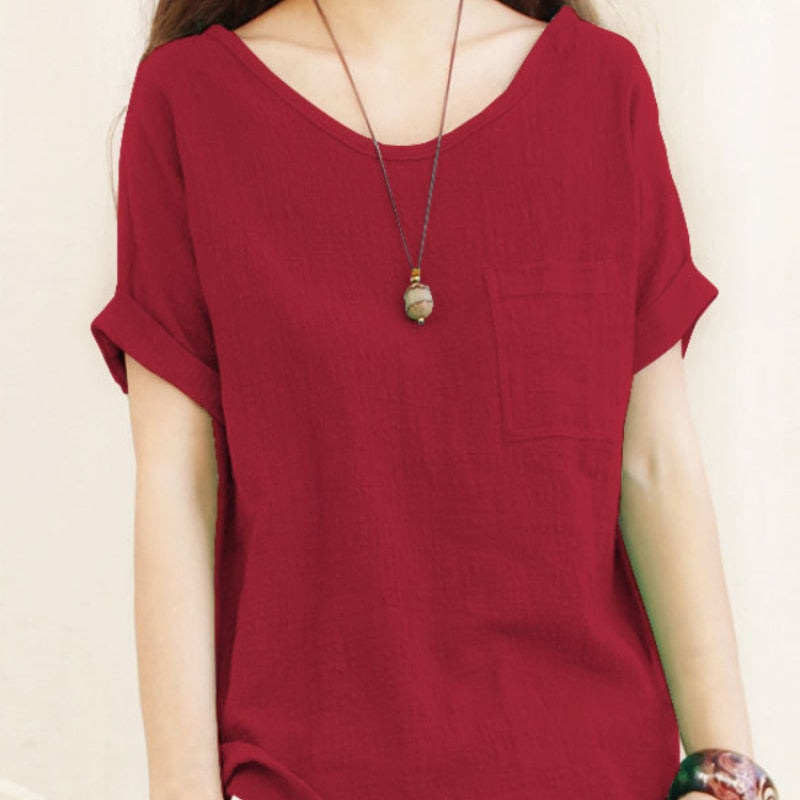 Green Loose Cotton Linen Blouse Oversize 5XL Blouses Women Summer Shirts Casual Short Sleeve O Neck Solid Shirt Lady Tops