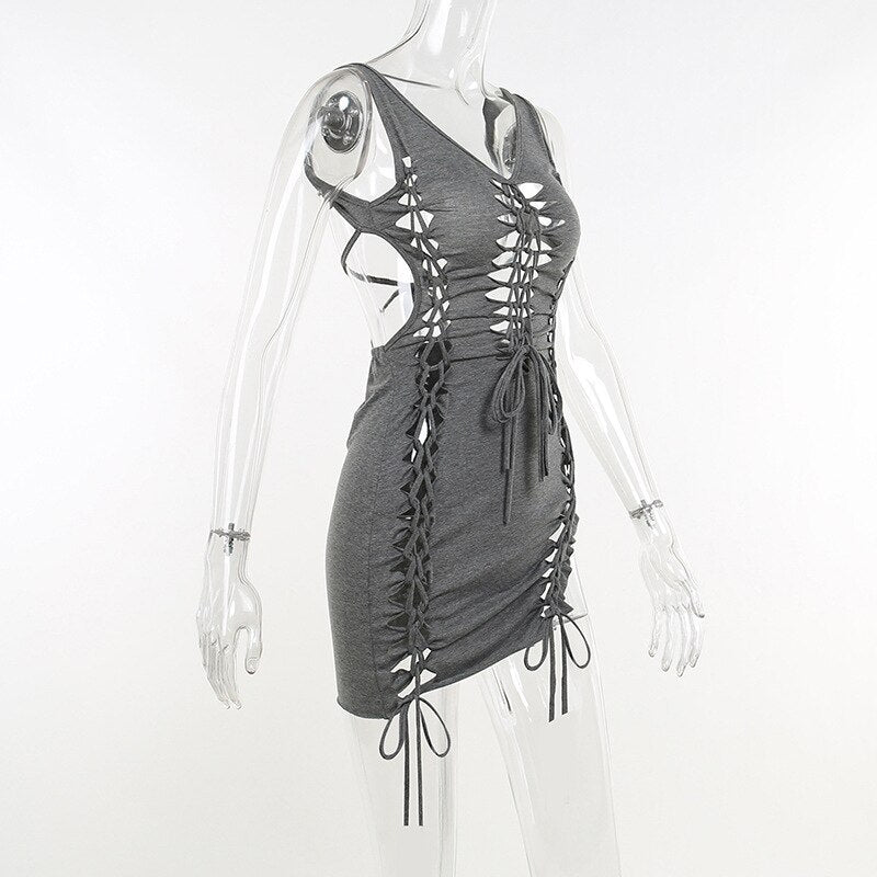 Dark Gray Hollow Out Mini Dress Sexy Drawstring Bandage Backless Summer Dresses for Women Birthday Party Clubwear