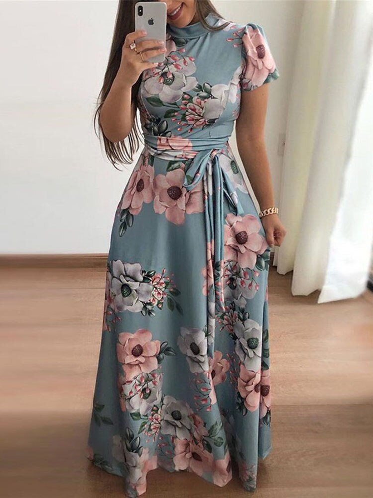 Sixsr Women Summer Long Dress Casual Long Sleeve Boho Floral Print Maxi Dress Turtleneck Bandage Elegant Party Dresses Vestidos