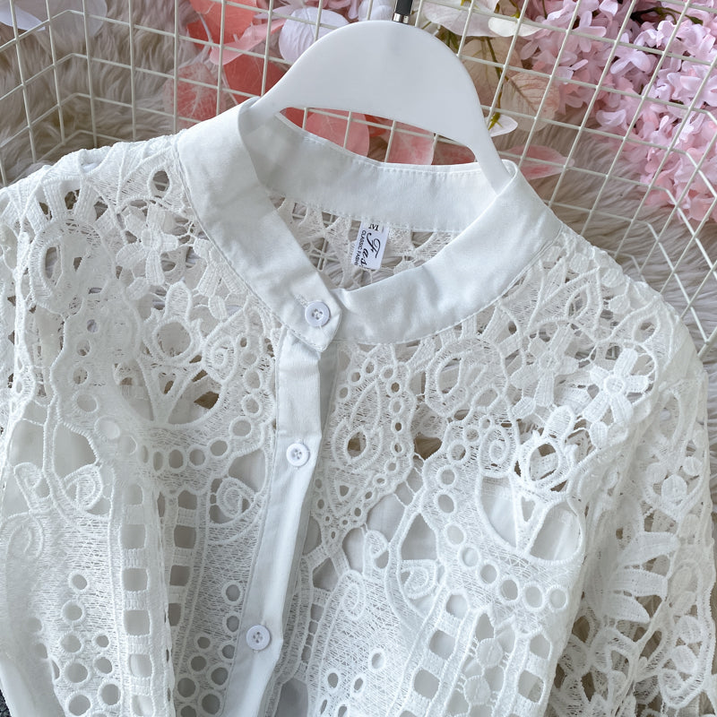 Sixsr Women Elegant Hollow Out Lace Dress Office Lady Summer Solid O-Neck Button up Sashes Midi Dress Female Chic Short Sleeve Dress