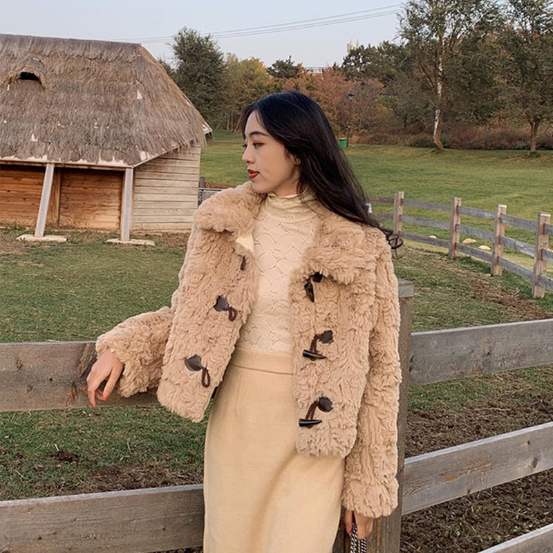 Elegant Winter Plush Jacket Women Warm Kawaii Korean Fashion Office Ladies Coat All-Match Vintage Harajuku Girls Cardigan