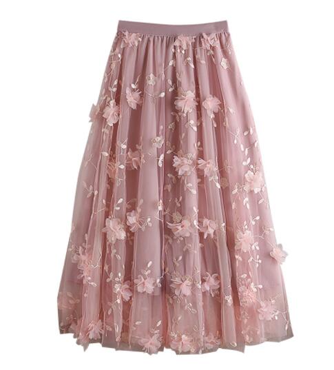 sixsr Luxury Woman Skirts Korean style Fashion Elastic Waist Appliques Embroidery Floral Mesh Skirt Long Gauze Ball Gown Skirt