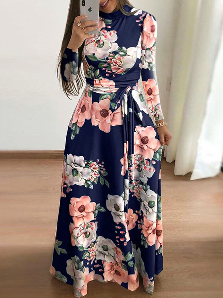 Sixsr Women Summer Long Dress Casual Long Sleeve Boho Floral Print Maxi Dress Turtleneck Bandage Elegant Party Dresses Vestidos