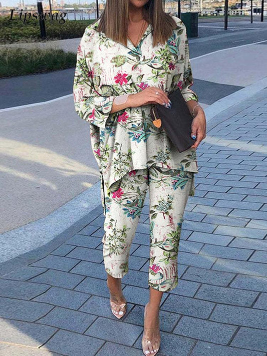 sixsr Summer Outfits  Vintage Floral Print Casual Outfits Women Summer Long Sleeve Blouse And Pants Sets Cotton Linen Female Elegant Two Piece Suits