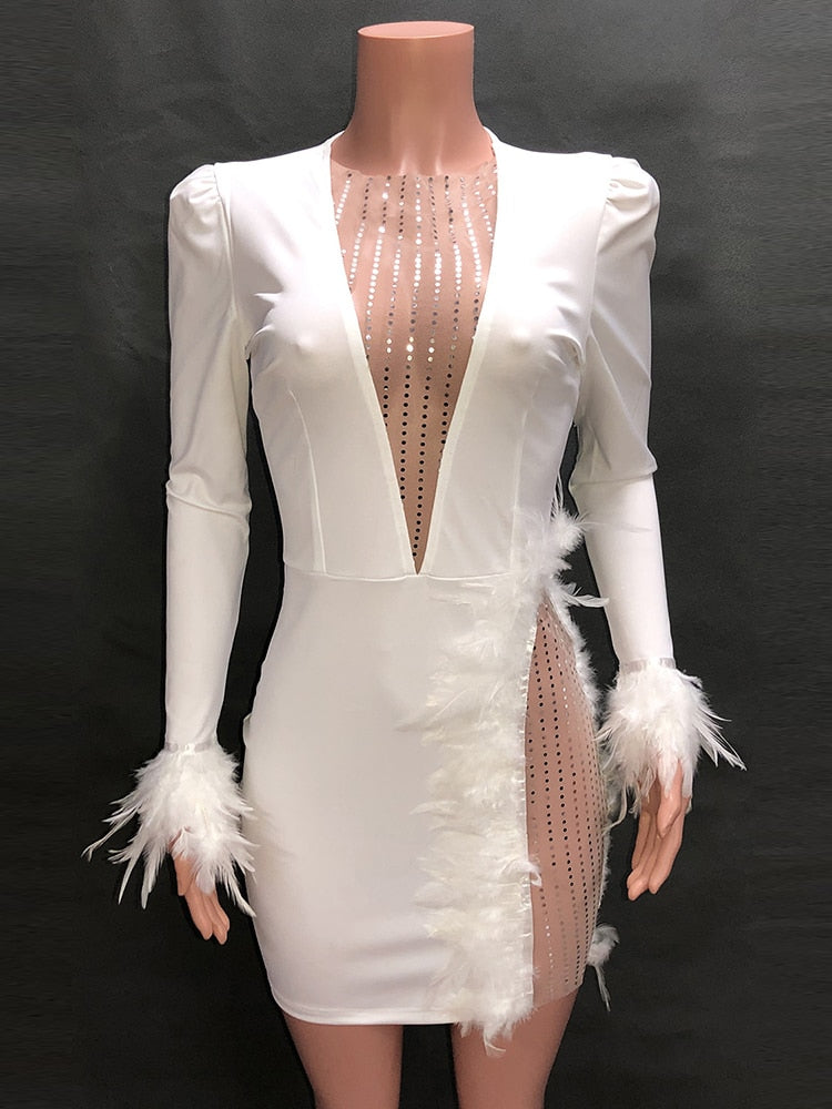 sixsr Sexy See Through Sequin Mesh Patchwork Dresses Women Deep V White Feather Mini Party Dress Ladies Nightclub Vestidos