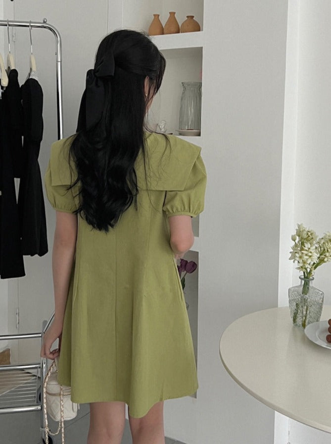 Solid Dress for Women Fashion High Waisted Short Sleeve Sailor Collar Lace Up Mini Dresses New Spring Summer Dress