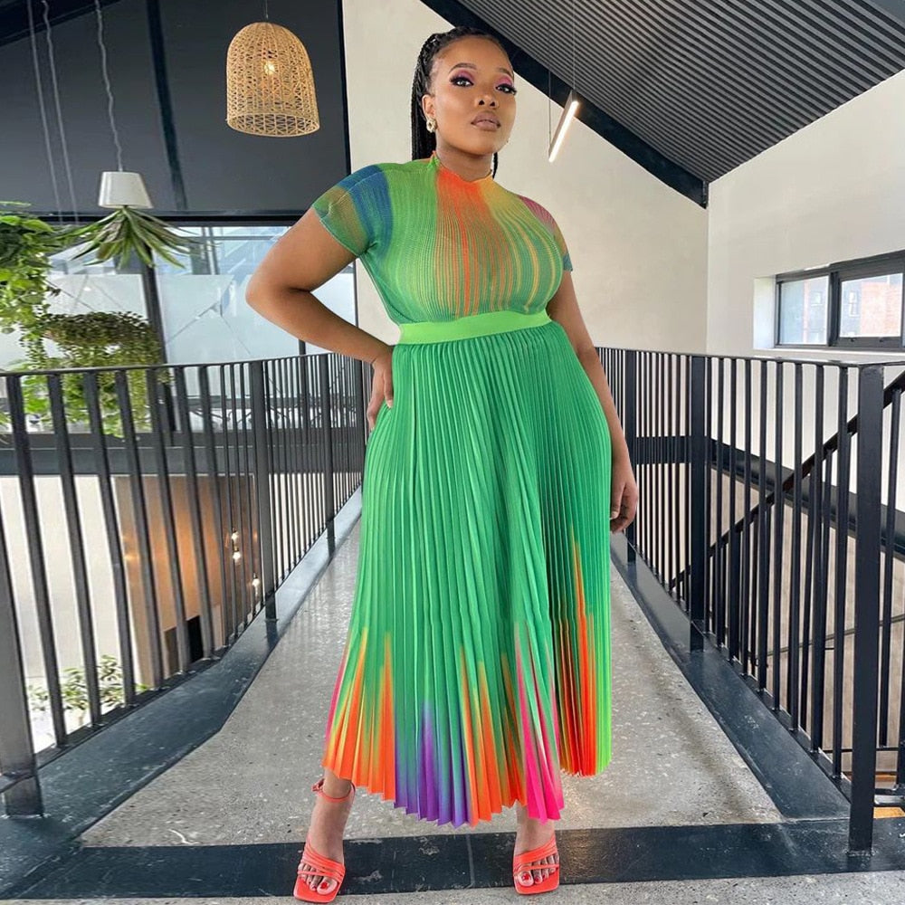 Long Pleated Dress Sets Women 2 Piece Outfits Summer Short Sleeve Gardient Print Swing Skirt Set Elegant Casual New In
