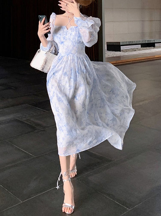 sixsr Women Summer Casual Elegant Midi Dress Ladies Vintage Long Sleeve Party Vestidos Female Holiday Clothes