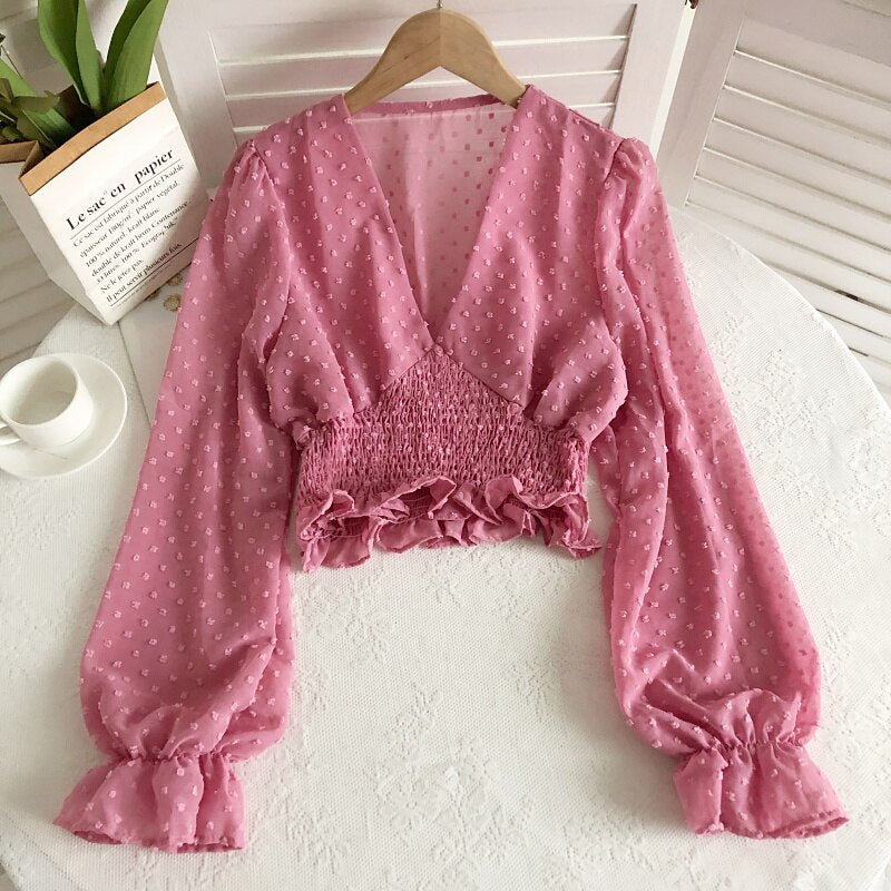 Sixsr Women Fashion Spring Women Sweet Spot Blouse Ladies Fashion Chiffon Pullover Shirt V-neck Slim Long Puff Sleeve Folds Tunic Short Top