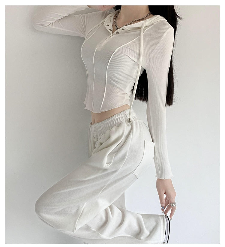 Crop Tops Fashion T-shirts for Women Hooded Sweatshirt Long Sleeve Tees Y2k Clothes Korean Casual Woman Tshirts Ropa Mujer