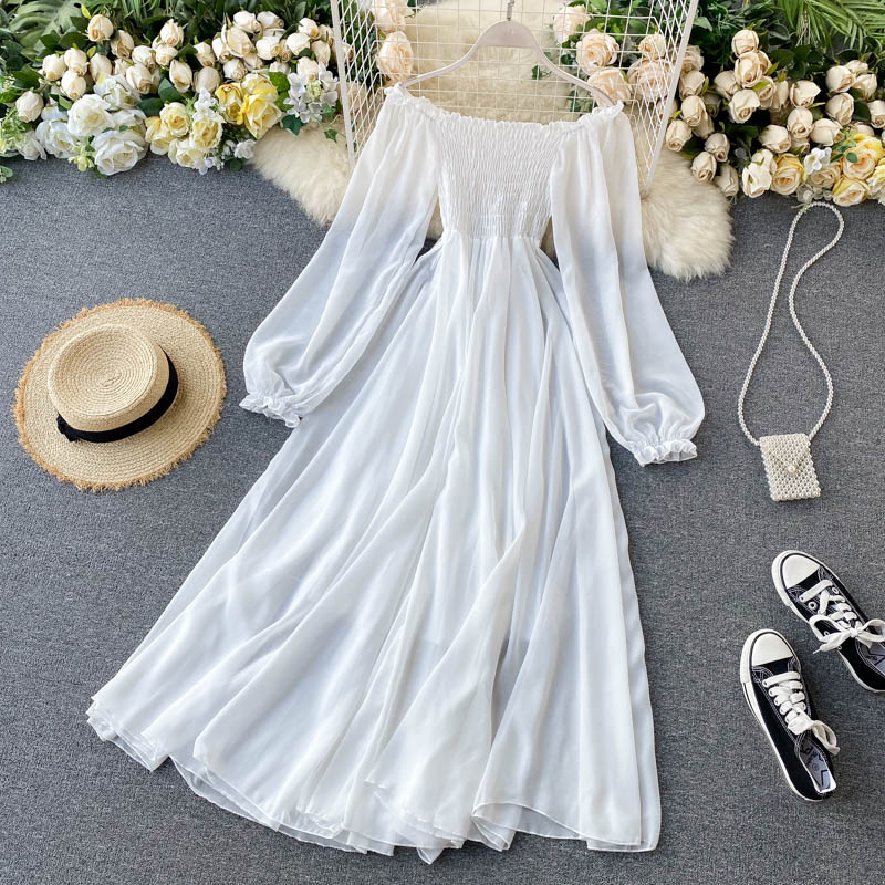 Sixsr New Spring Autumn Dresses for Women Women Elegant Holiday Dresses Puff Sleeve Slash Neck Off Shoulder Smocked White Chiffon Dresses