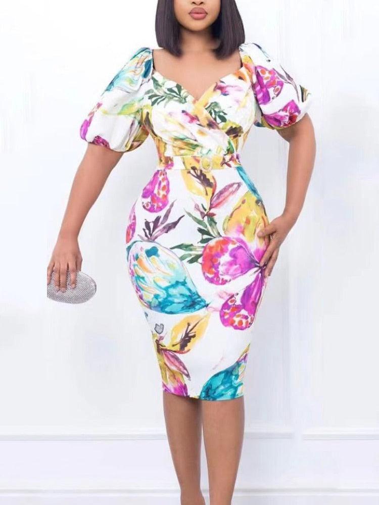 Women Summer Printed Bodycon Dresses Puff Short Sleeve Wrapped High Waist Fitted Midi Dress with Belt Office Party Clothes
