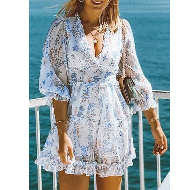 sixsr Harlow Floral Print Ruffle Dress women backless V-neck dress women mini summer dress ladies party dress