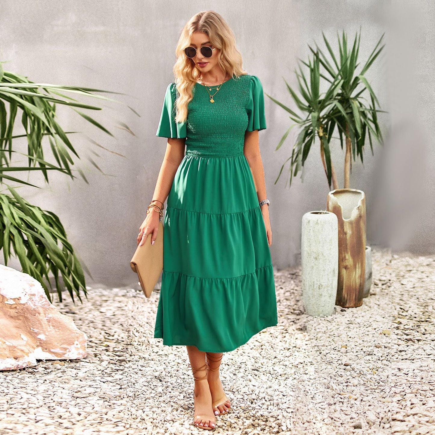 Spring Casual O Neck Lantern Sleeve Dress Women Loose Elegant Solid A-line Dress Lady Simple High Waist Klein Blue Dress