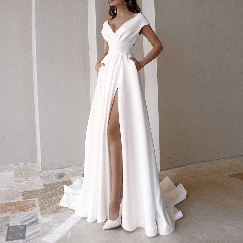 sixsr High Quality Elegant Casual Women's Dresses Sexy V-neck Side Slit Backless White Long Skirt Wedding Banquet Bridesmaid Dress Evening Gown