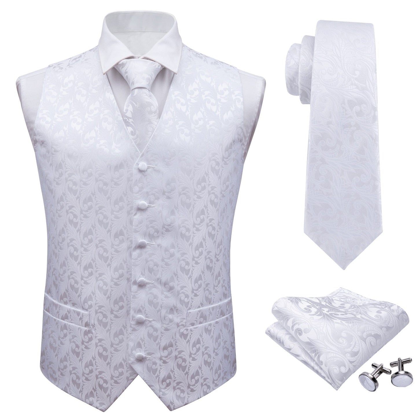 Sixsr 4PC Mens Extra Silk Vest Party Wedding Gold Paisley Solid Floral Waistcoat Vest Pocket Square Tie Suit Set Barry.Wang BM-2017