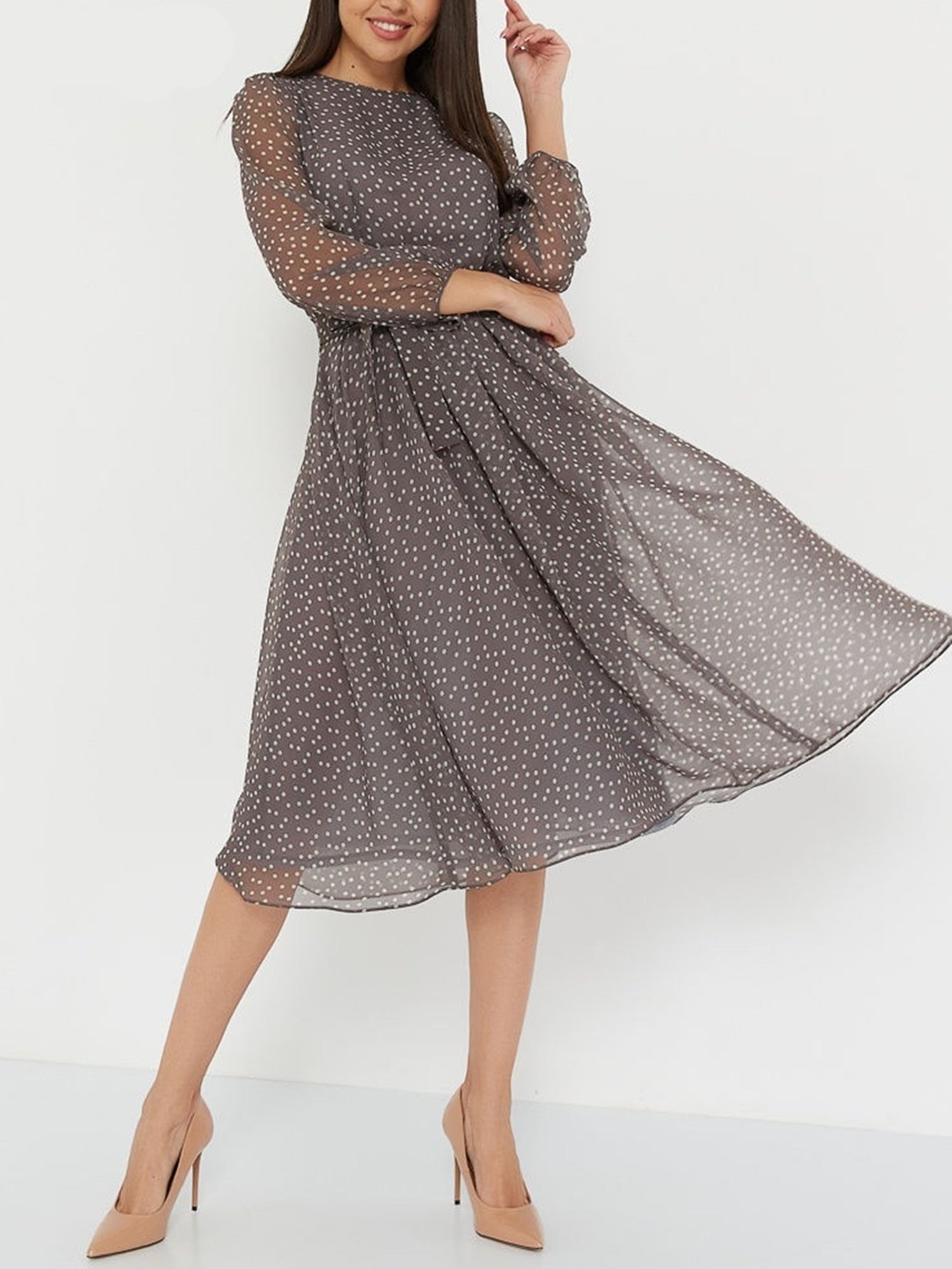 sixsr Summer Outfits Fashion Trends Elegant Dot Print Long Sleeve Polka Dress O Neck Chiffon A Line Women Casual Dress Vintage Midi Vestidos
