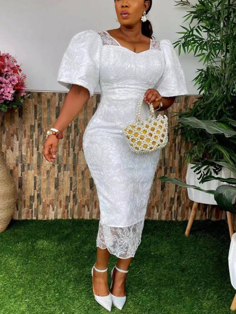 Women's Elegant Floral Lace Bodycon Dress Short Sleeve Square Neck V Back Midi Length Wedding Guest Party Cocktail Dress XXXL