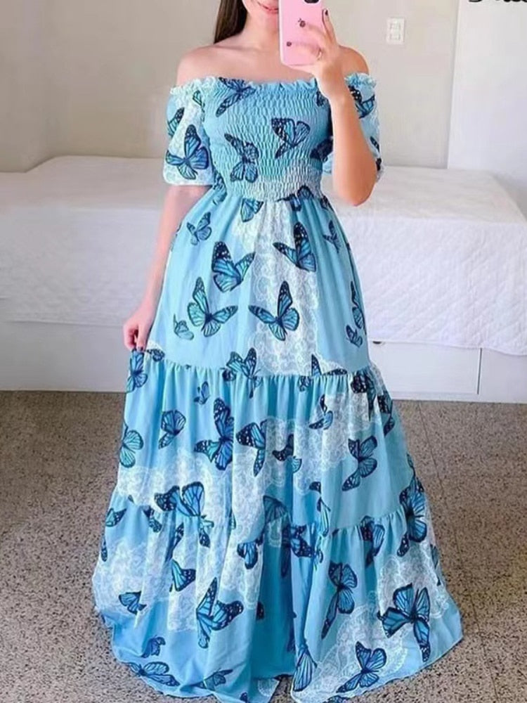 Women's Butterfly Summer Dress Tube Top Short Sleeve Ruffle Hem A Line Date Night Robes Vacation Bohemian Maxi Dresses XXXL