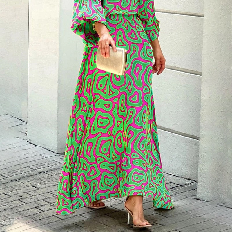 Women Two Piece Set Crew Neck Print Long Lantern Sleeve Top Elegant Dress High Streetwear Casual Beach Suit