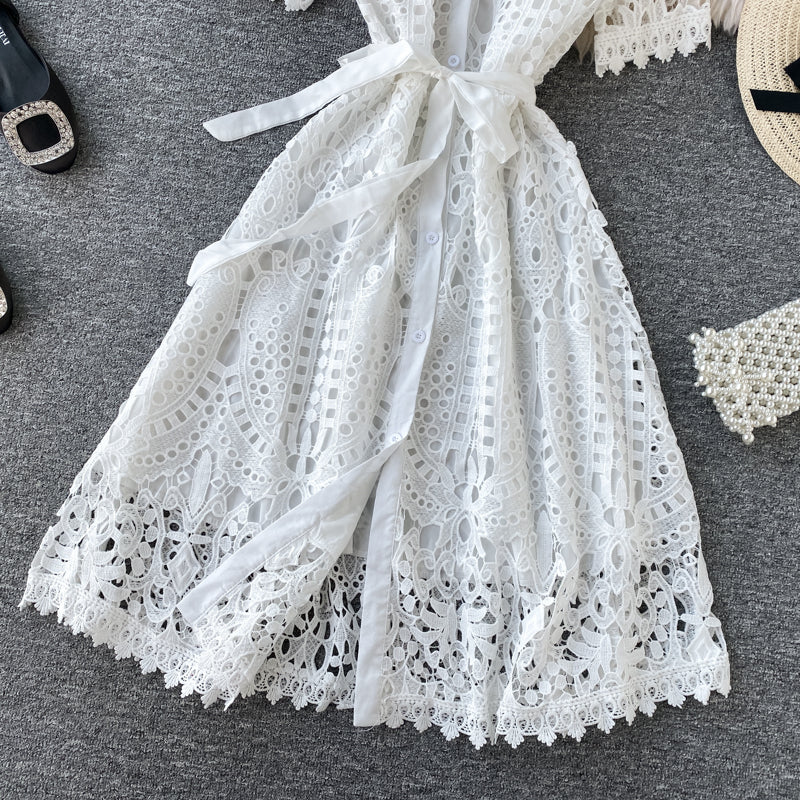Sixsr Women Elegant Hollow Out Lace Dress Office Lady Summer Solid O-Neck Button up Sashes Midi Dress Female Chic Short Sleeve Dress