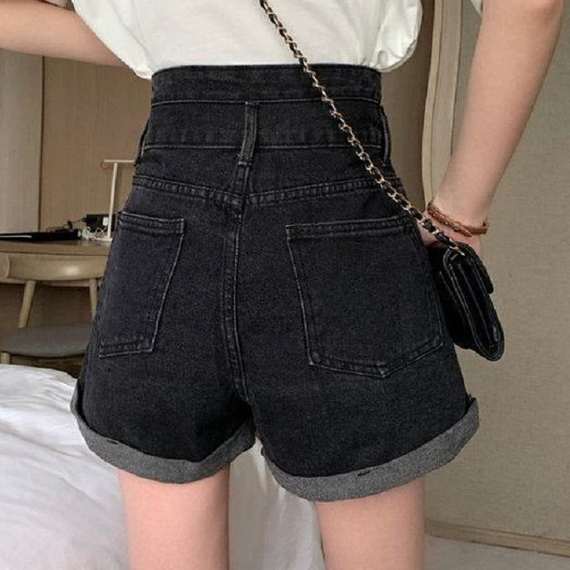 Black Denim Double-breasted Shorts Women Summer Hot Girls College All-match Solid Younger Ins Prevalent High Waist Casual Mujer