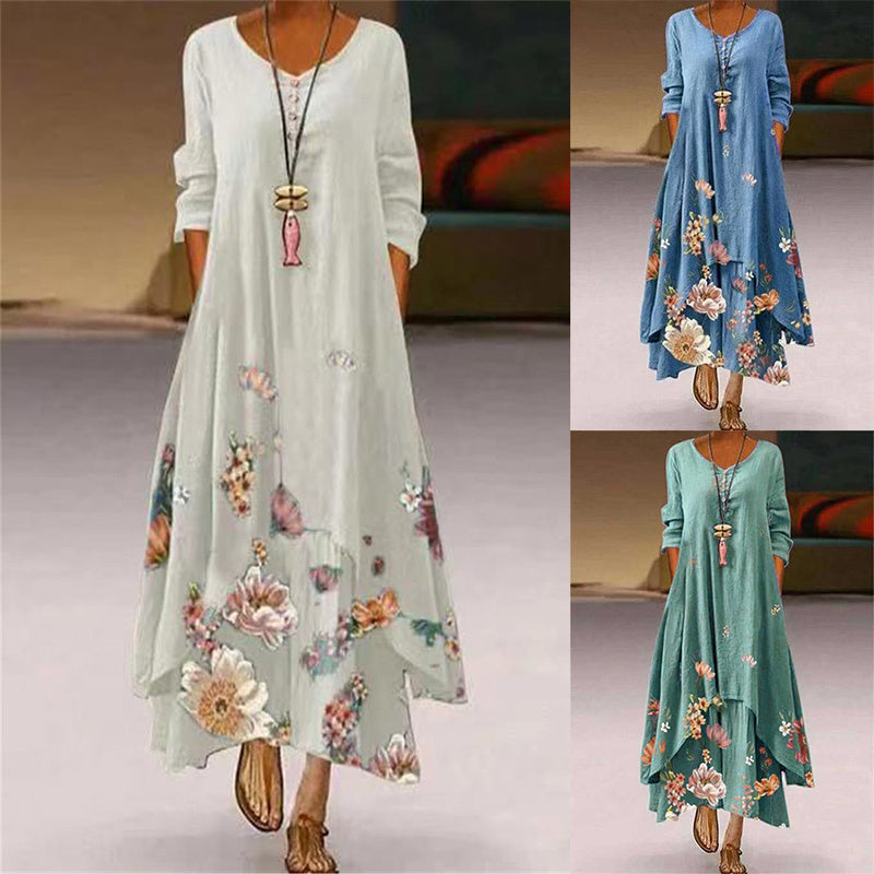 Sixsr Summer Dress Plus Size Floral Print Irregular Hem Women Buttons Round Neck Dress Women's Clothing Sleeveless Beach Maxi Dresses