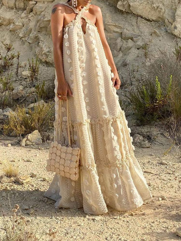 Sixsr Sleeveless Halter Maxi Summer Dress For Women Fashion Ruffle Beach Long Robe Elegant Slip Holiday Hollow Out Sundress