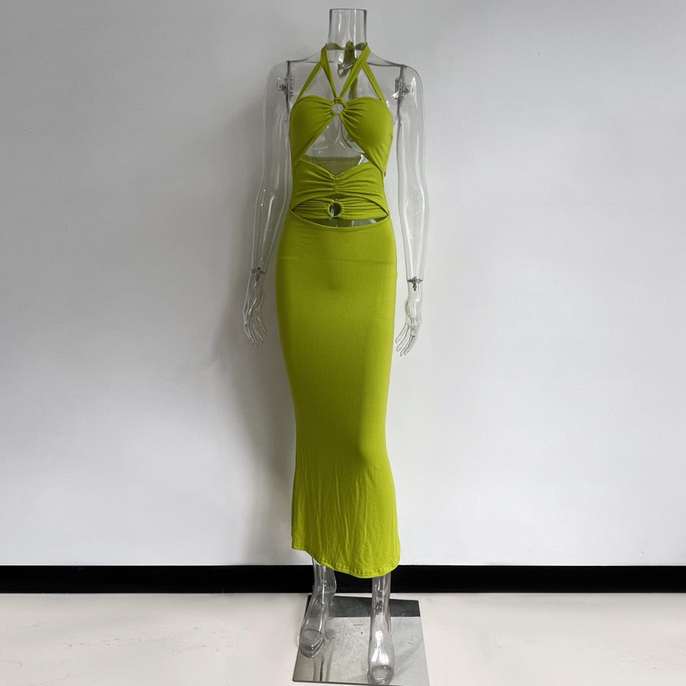 Sexy Hollow Out Corset Maxi Dress Party Dress Women Halter Cut Out Wrap Split Long Dresses Summer Backless Clubwear Midi Robe