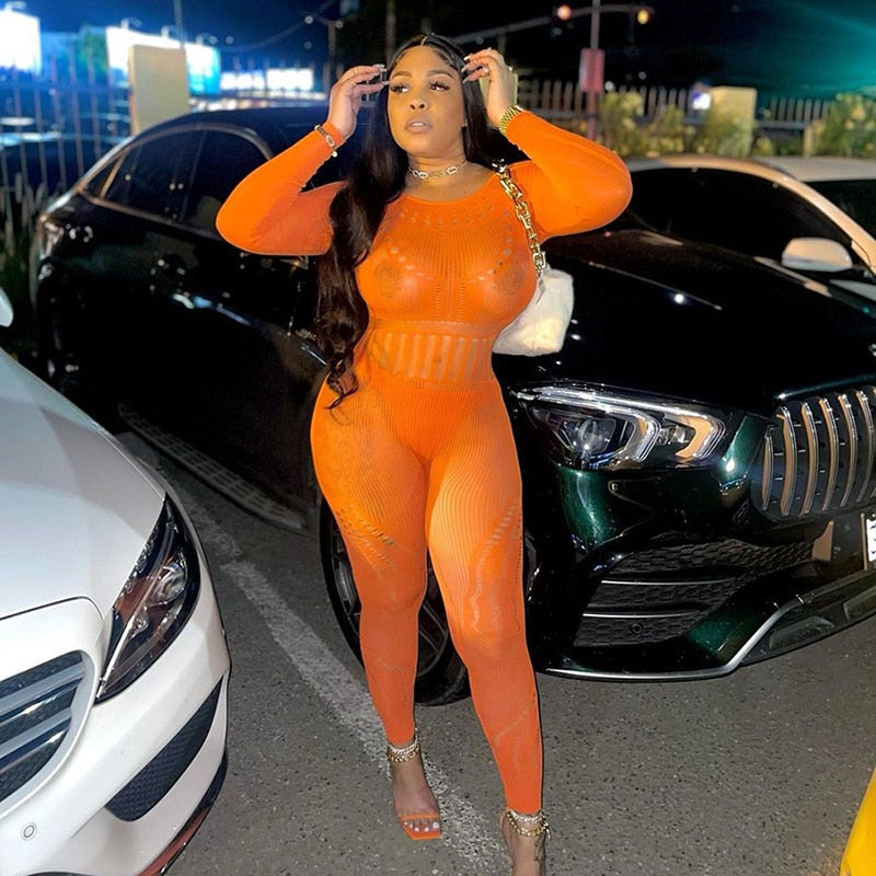 sixsr Hollow Out Knitted Mesh Jumpsuits Women Sexy See Through Long Sleeve Hipster Stretchy Skinny Overalls Clubwear Romper
