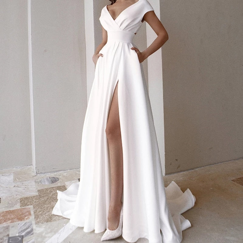 sixsr High Quality Elegant Casual Women's Dresses Sexy V-neck Side Slit Backless White Long Skirt Wedding Banquet Bridesmaid Dress Evening Gown
