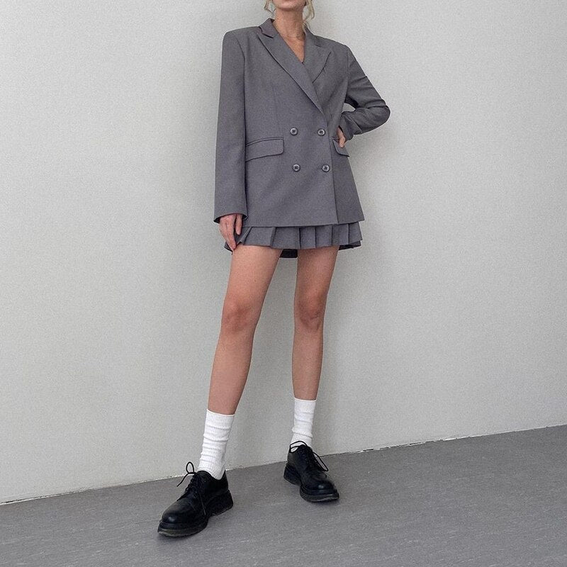 sixsr Suits and Pleated Skirts 2 Piece Set Women  Spring Autumn Elegant Solid Outfits Sets Female Office Ladies Blazer Suit