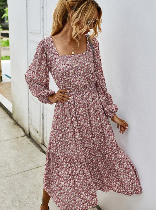 sixsr Women Long Dress Autumn Winter Long Sleeve Elegant Ladies Flower Square Collar Dresses Party  Black Clothes For Woman