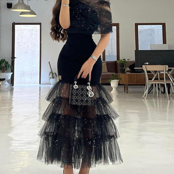 sixsr Women Sexy Solid Mesh Rhinestone Sexy Maxi Bodycon Formal Party Black Dresses