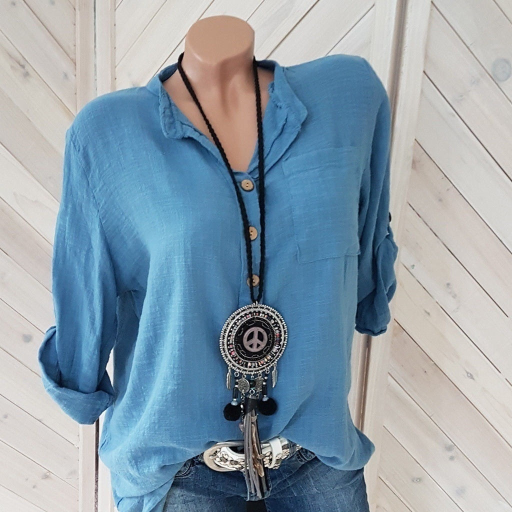 Sixsr Oversized Women Blouses Cotton Linen Blouse Autumn Shirts Casual Long Sleeve Button V Neck Loose Shirt Lady Tops Plus Size S-5XL