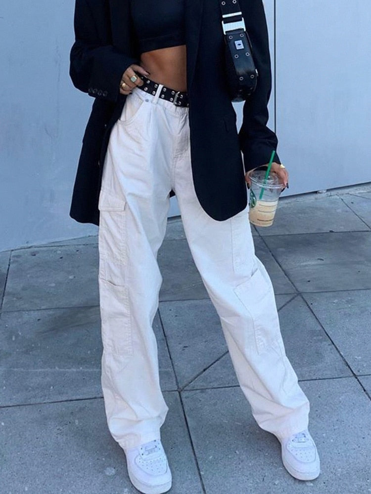 Sixsr Fashion Streetwear Women Jeans Pocket High Waist Jeans Korean Casual Straight Harajuku Denim Pants Baggy New Cargo Pants