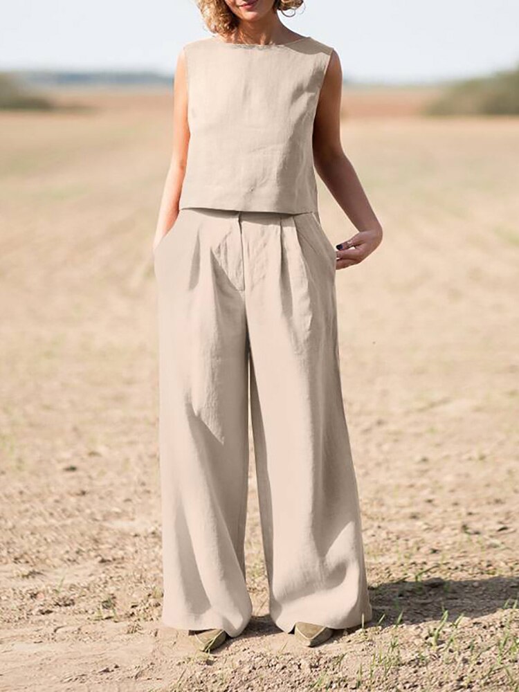 sixsr Summer Outfits Casual Summer Women Set Vintage Sleeveless Blouse O-Neck Top + Straight Wide Leg Pants Suit Two Piece Solid Color Sets
