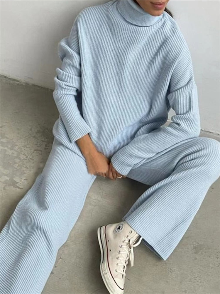 Autumn Winter 2 Pieces Women Sets Knitted Tracksuit Turtleneck Sweater and Wide Leg Jogging Pants Pullover Suit New