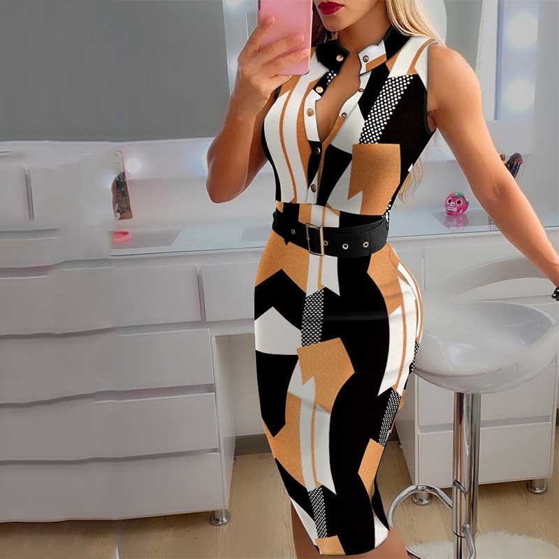Fashion Women's Clothing Summer Elegant Round Neck Button Sleeveless Belt Casual Midi Dress Mid Waist Slim A-line Skirt