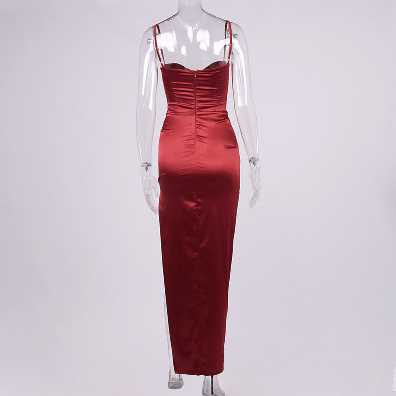 sixsr High Side Split Satin Dresses Women Spring Sexy Sleeveless Backless Party Outfit Solid Bodycon Black Evening Dress