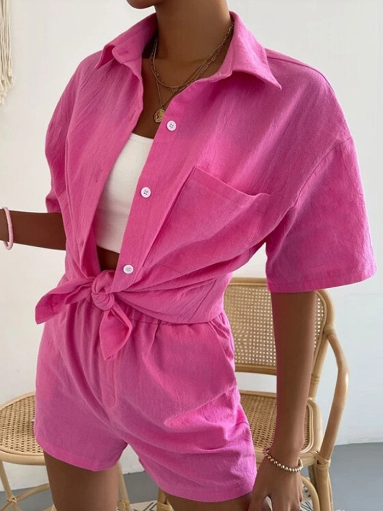 Long Sleeve Single-breasted Top + Broad-legged Shorts Set Fashion Ladies Sexy Solid Suits Summer 2 Piece Outfits For Women