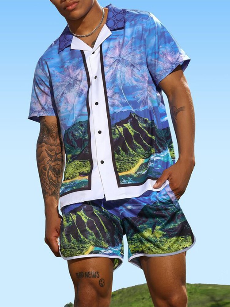 2024 Summer Fashion Men Clothing Beach Outfits Vintage Floral Printed Two Piece Sets Mens Short Sleeve Shirts And Shorts Suits