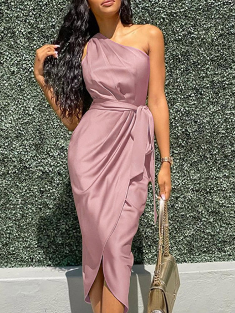 Office Elegant V Neck Strap Long Dress Women Sexy Sleeveless Irregular Party Dress Fashion Tie-up Wrap Solid Satin Maxi Dresses