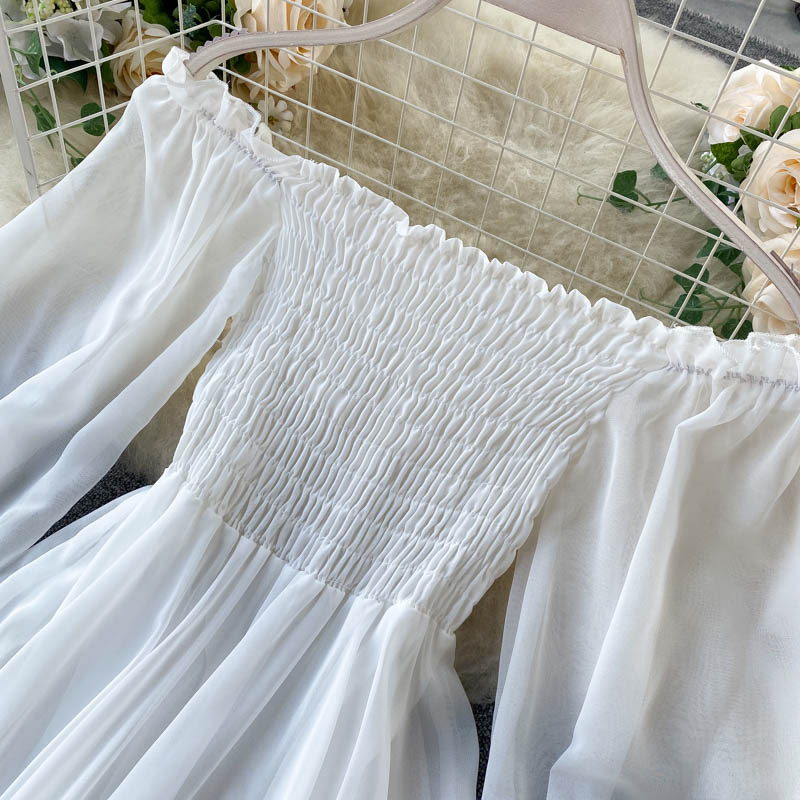 Sixsr New Spring Autumn Dresses for Women Women Elegant Holiday Dresses Puff Sleeve Slash Neck Off Shoulder Smocked White Chiffon Dresses