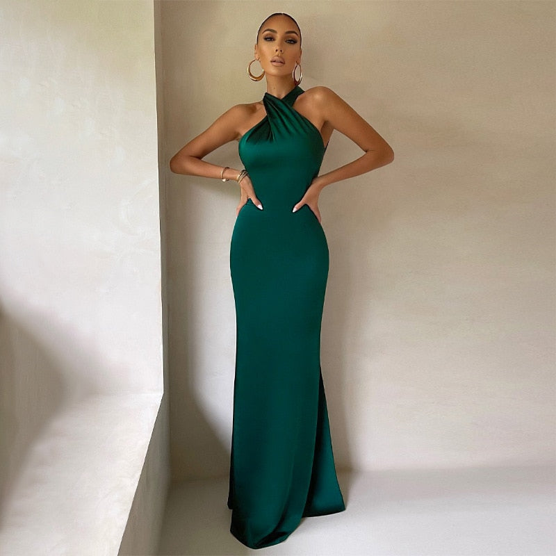sixsr Sexy Satin Sleeveless Backless Elegant Party Maxi Dresses Women Summer Off Shoulder Bodycon Black Long Dress Formal Female