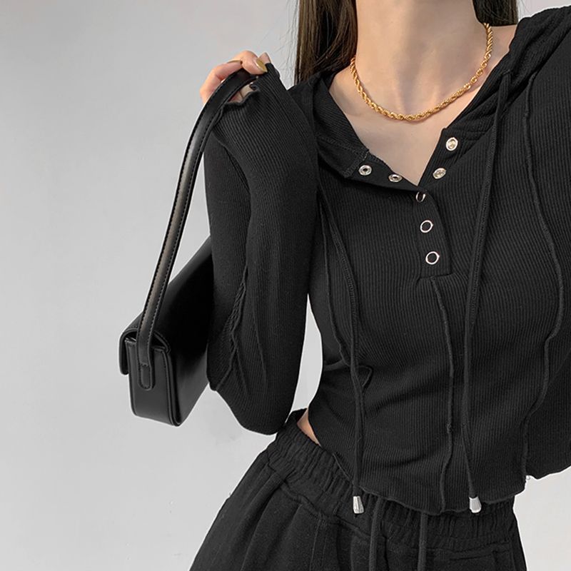 Crop Tops Fashion T-shirts for Women Hooded Sweatshirt Long Sleeve Tees Y2k Clothes Korean Casual Woman Tshirts Ropa Mujer
