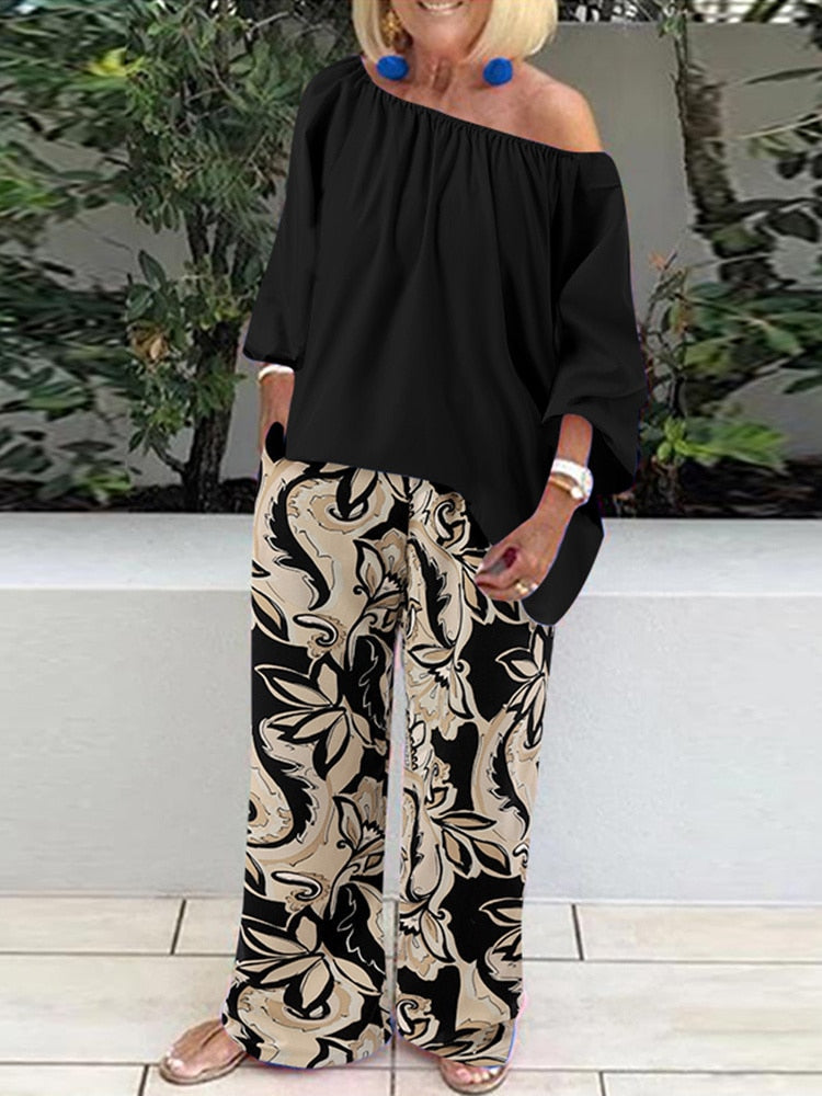 Pants Sets Fashion One Shoulder 3/4 Sleeve Tops Floral Print Wide Leg Trouser Women Two Piece Sets Casual Loose Suit