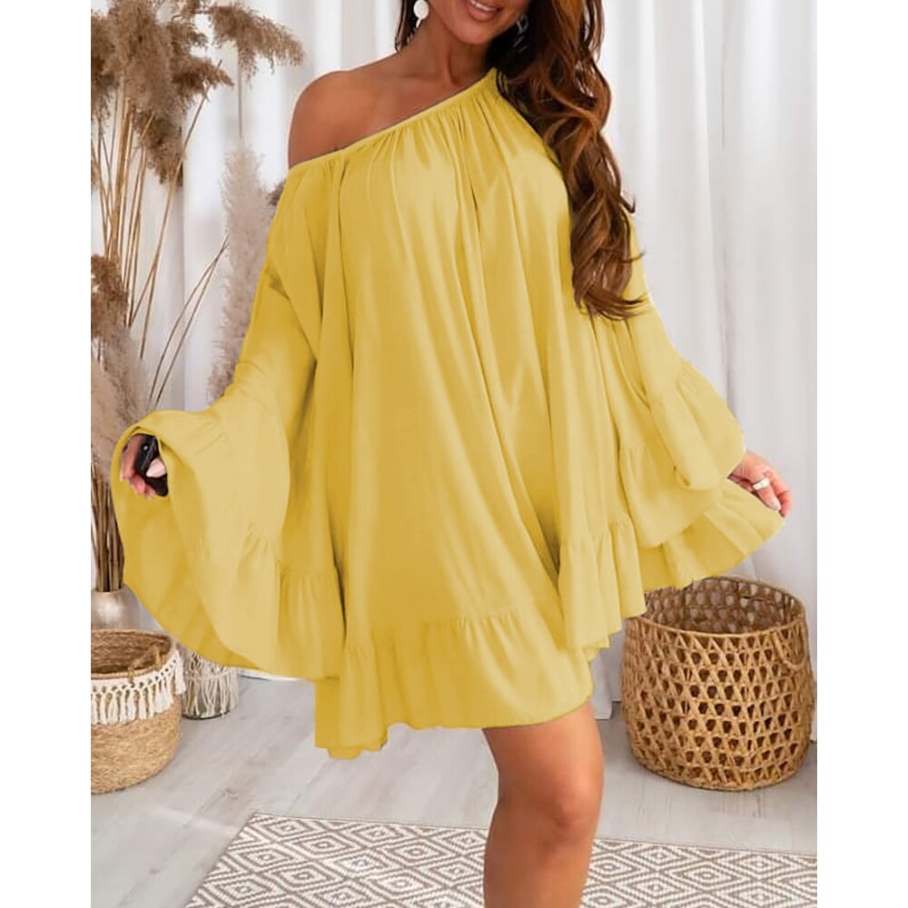 sixsr Summer Women Bell Sleeve Ruffle Hem Dress Slash Neck Mini A Line Sweet Dresses Oversized Outfits Robe Clothing